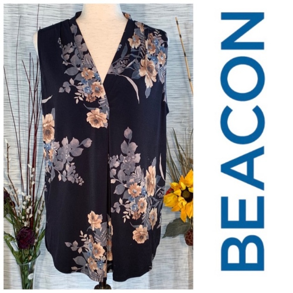 Beacon navy blue and floral print sleeveless blouse.